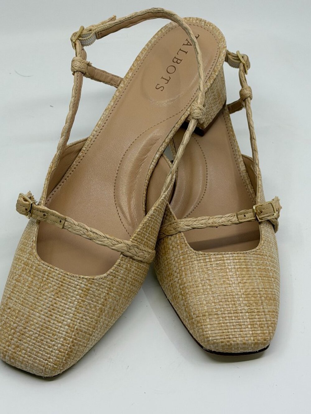 Talbots Carlye Raffia Woven Slingback Pumps Block Heel Natural Beige 9M, Brazil